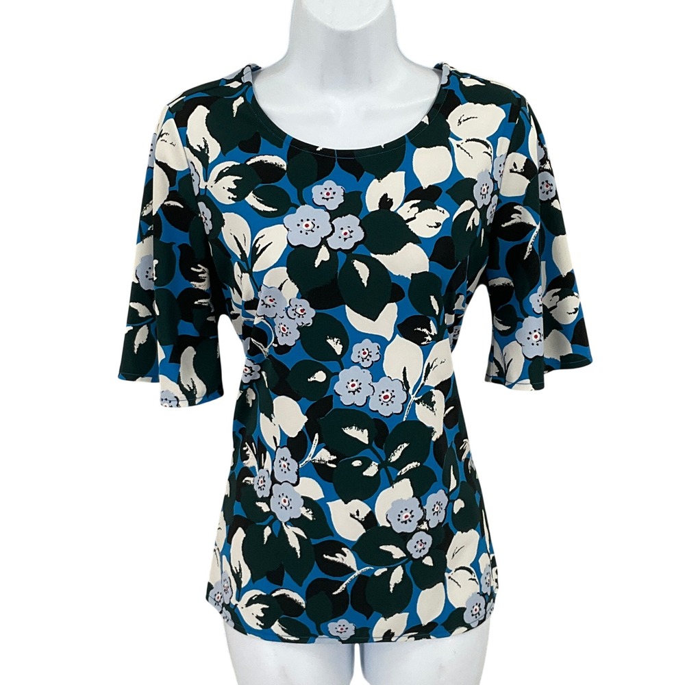 Ann Taylor Blouse Womens XS Blue Floral Tie Back Flutter Sleeve Classic Career